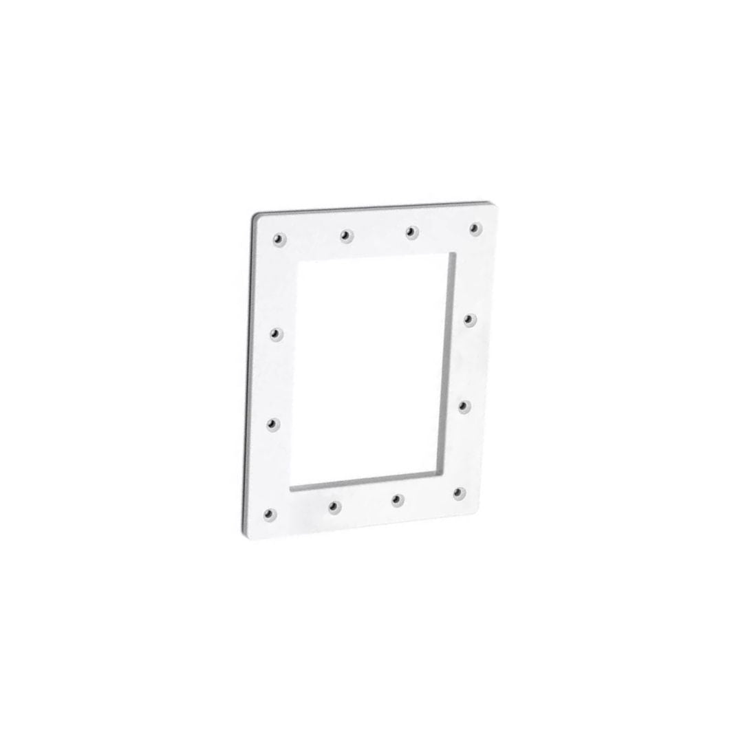 The Swimming Pool Discounters Hayward Skimmer Face Plate SP1084L is a white rectangular replacement with a large central cutout and twelve evenly spaced screw holes, displayed on a plain white background.