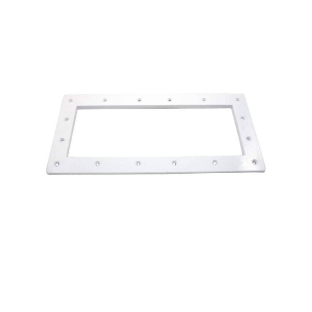 The Swimming Pool Discounters Hayward Skimmer Face Plate SP 1085B is a white, rectangular plastic plate with rounded corners and evenly spaced screw holes, designed for widemouth skimmers, pictured on a plain white background.