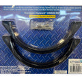 Two curved metal brackets and hardware (two screws and bolts) are packaged on a blue, diamond-patterned background. Packaging notes compatibility with SPD's Blue Torrent Sand Tank Closure Clamp and many Hayward pool pump and filter models.
