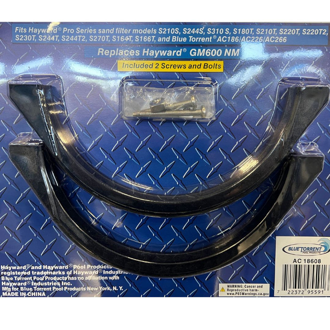Two curved metal brackets and hardware (two screws and bolts) are packaged on a blue, diamond-patterned background. Packaging notes compatibility with SPD's Blue Torrent Sand Tank Closure Clamp and many Hayward pool pump and filter models.