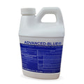 A 64 oz. white plastic bottle labeled Advanced Blue by SPD with blue text contains copper ion-based algicide and bactericide for pools, spas, and hot tubs. The bottle has a built-in handle and detailed usage instructions on the label.