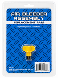 A packaged pool equipment replacement part labeled 'AIR BLEEDER ASSEMBLY' on a blue diamond-plate style card. The product inside the clear blister pack is a yellow-and-black plastic bleeder assembly, and the card includes text noting it replaces Jacuzzi 14428205.