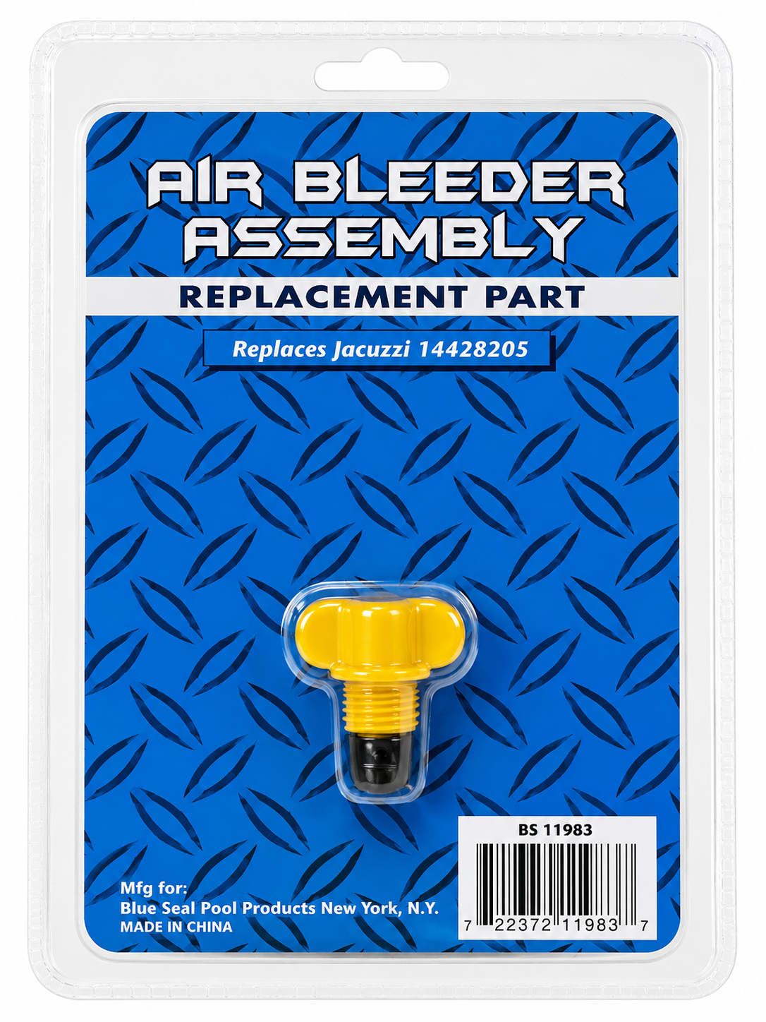 A packaged pool equipment replacement part labeled 'AIR BLEEDER ASSEMBLY' on a blue diamond-plate style card. The product inside the clear blister pack is a yellow-and-black plastic bleeder assembly, and the card includes text noting it replaces Jacuzzi 14428205.