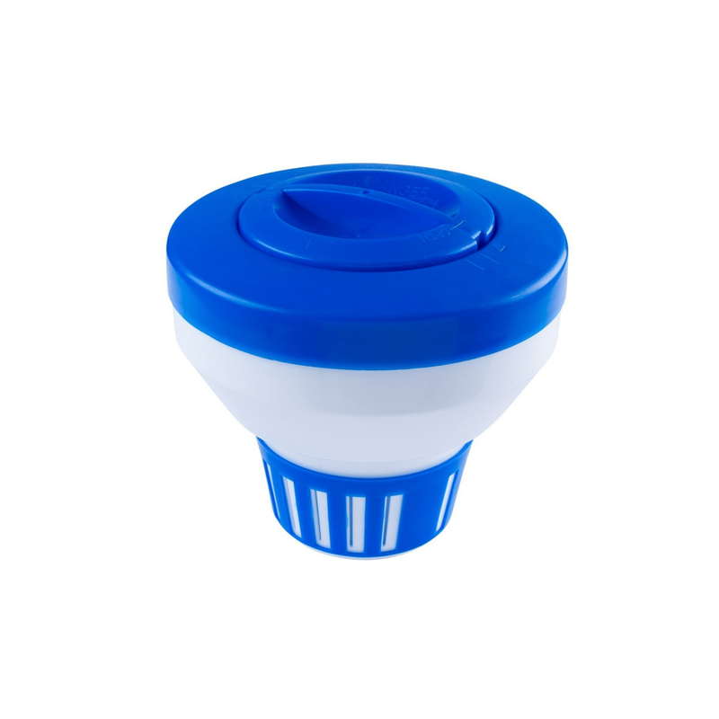 The SPD Floating Chlorine Dispensers feature a blue and white design with a round top, slotted base, and large capacity to gradually release chlorine tablets in swimming pools.