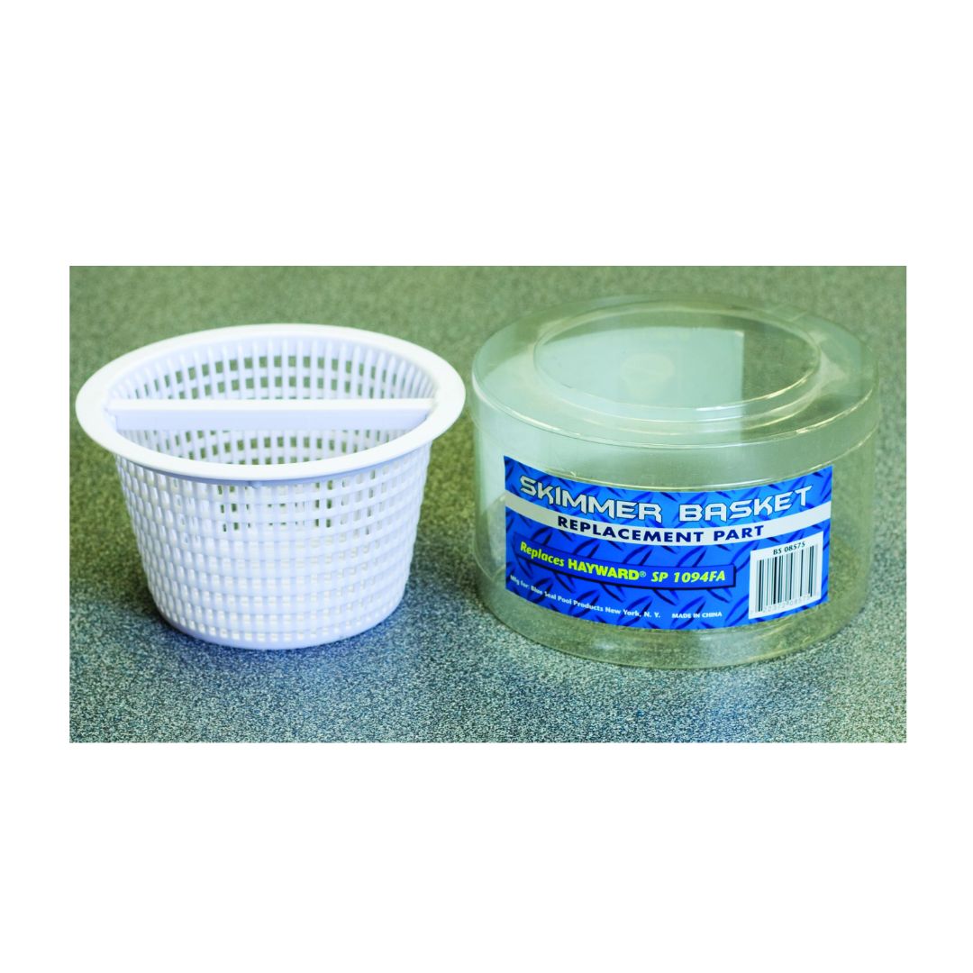 A white Skimmer Basket - Hayward SP 1094FA by Swimming Pool Discounters is shown in clear packaging labeled "Skimmer Basket Replacement Part" on a gray textured surface.