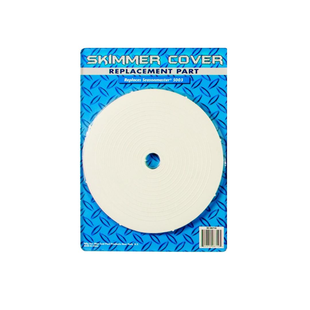 A round white Skimmer Cover from Swimming Pool Discounters, compatible with Blue Torrent, Hydromatic, and Seasonmaster models; shown on blue packaging labeled SKIMMER COVER REPLACEMENT PART, replaces Seasonmaster 5003.