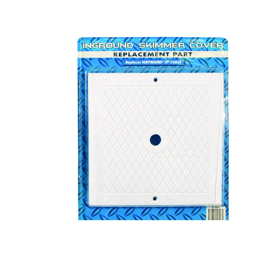 Swimming Pool Discounters' Square Skimmer Cover for Hayward SP 1082E features a white design with a central hole, shown on a blue patterned background and is a compatible replacement part.