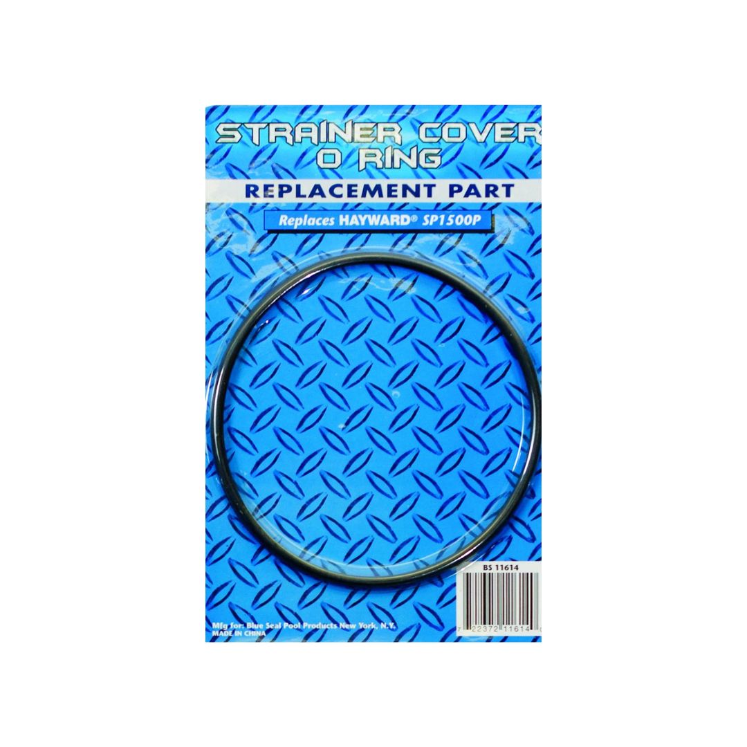 Blue package labeled "Strainer Cover O Ring Hayward SP 1500P" by Swimming Pool Discounters, featuring a black circular O-ring. Text indicates it replaces Hayward SP-1500P for reliable fit and performance.