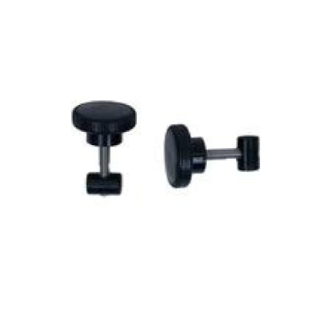 Two black, round, double-sided cufflinks resembling the Super Pump Replacement Lid by Swimming Pool Discounters, with a short bar connecting flat circular ends, are shown from different angles on a white background.