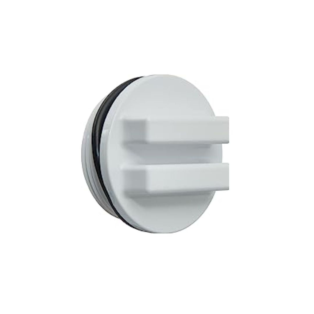 The Swimming Pool Discounters Hayward Threaded Return Plug with O Ring SP 1022C is a white, round plastic drain cover with two horizontal handles and a black rubber O Ring gasket, shown isolated on a white background.