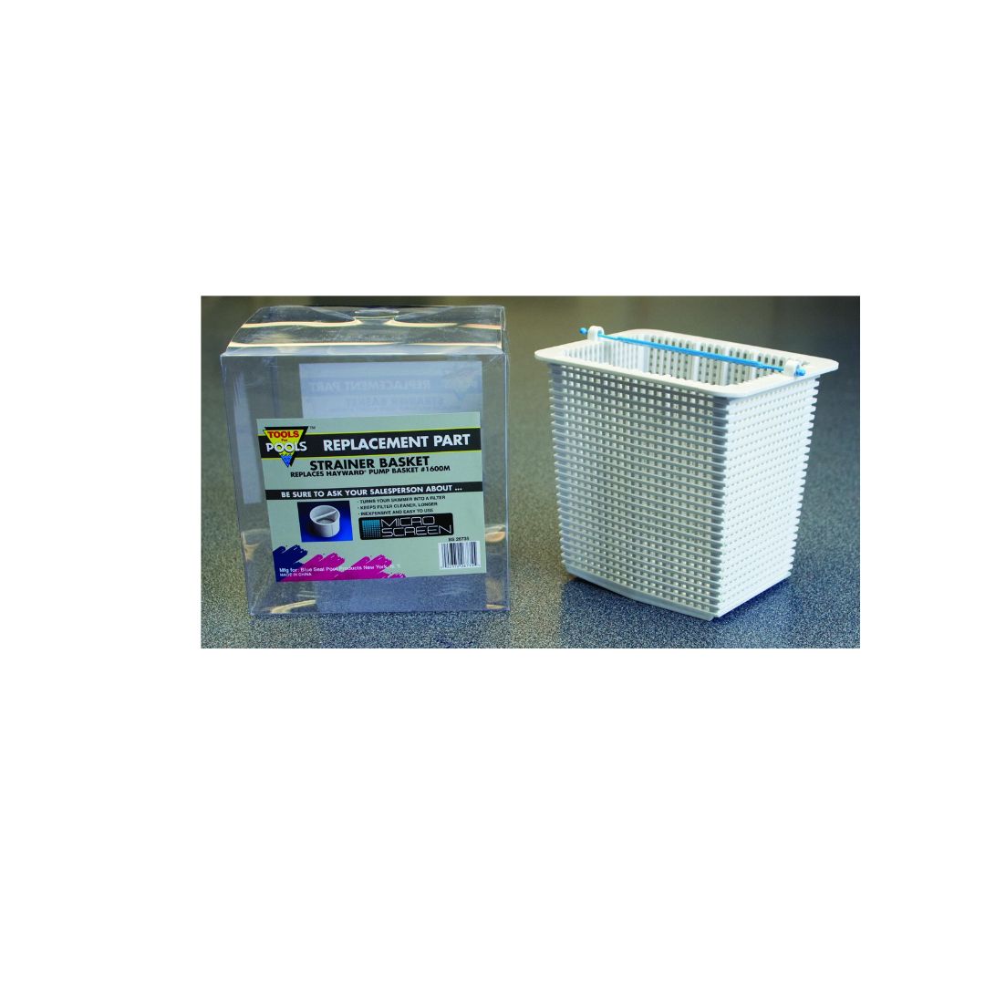 A Swimming Pool Discounters Strainer Pump Basket for Hayward Super Pump #1600M stands beside its “Replacement Part Strainer Basket” box on a gray surface, suitable for swimming pool use.