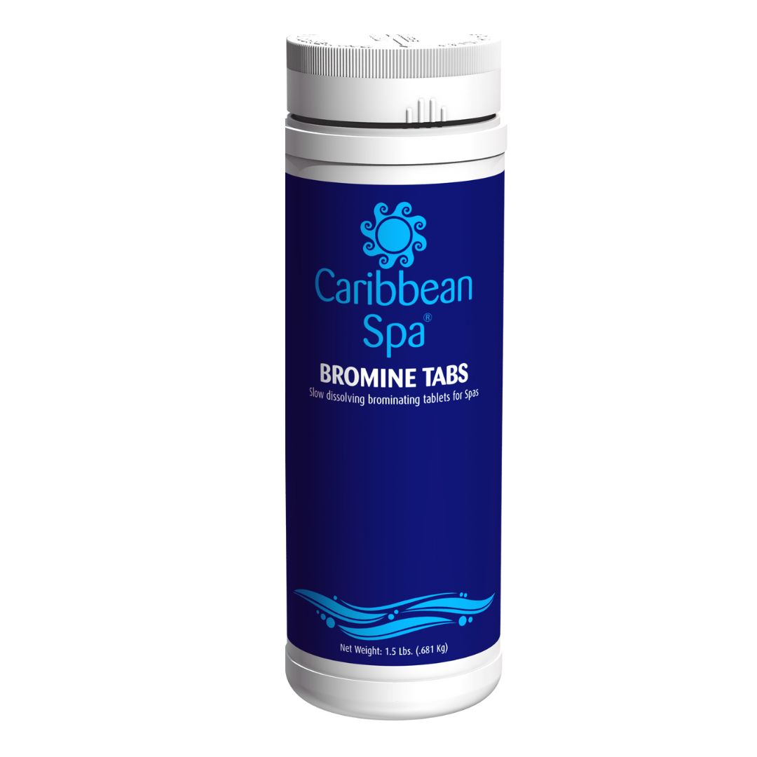 A white plastic container with a blue label showing SPD Caribbean Spa Bromine Tabs, featuring a swirl logo; slow-dissolving bromine tablets for hot tubs and spas, net weight 1.5 lbs.
