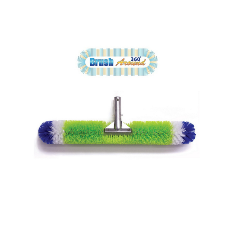A wide, cylindrical green and blue 24" Brush Around 360 pool cleaning brush head from Swimming Pool Discounters, featuring a central metal attachment, is displayed below the logo on a white background.
