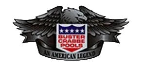 Logo of Buster Crabbe Pools with an eagle and American flag design on a white background