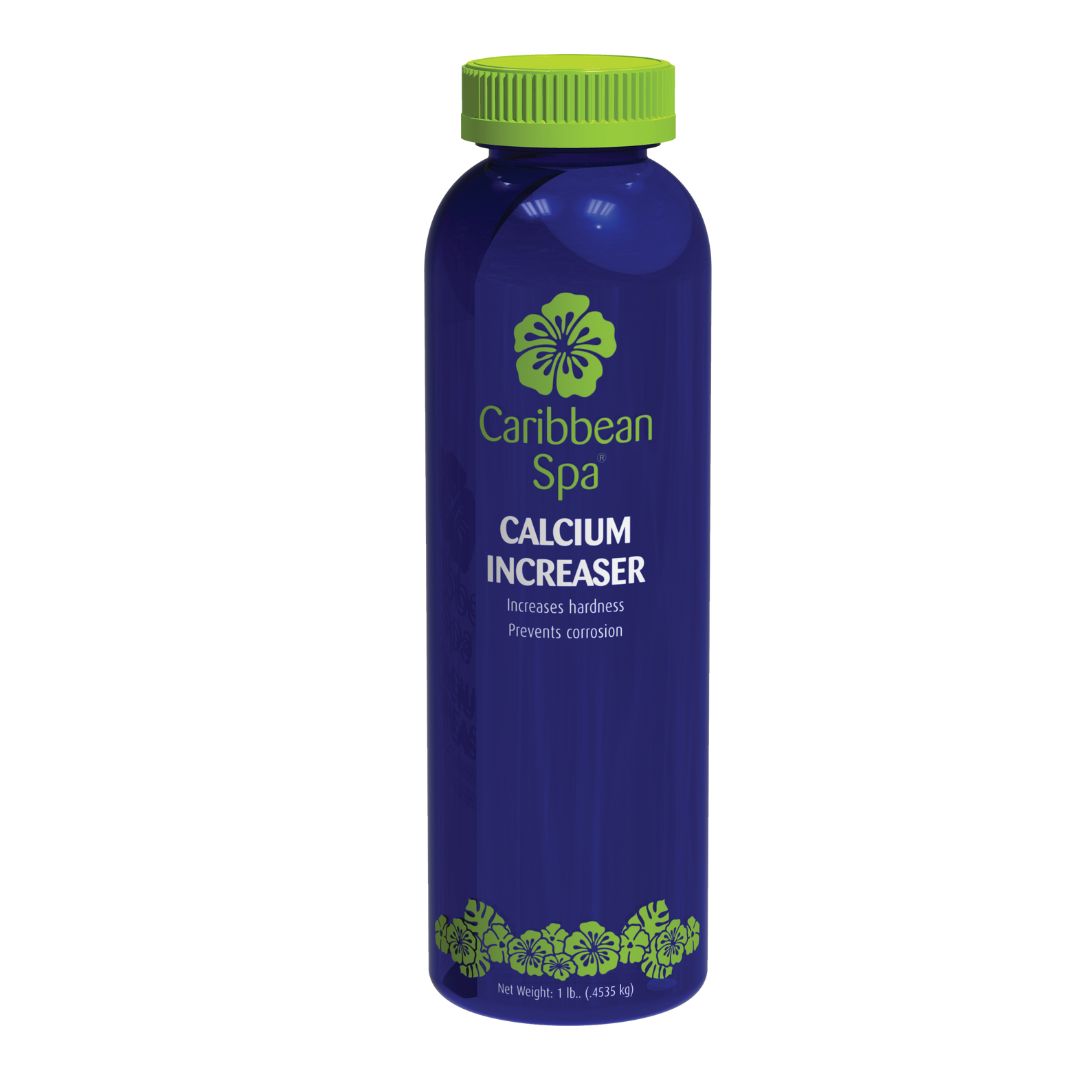 A blue bottle with a green cap labeled SPD Caribbean Spa Calcium Increaser, a spa water treatment that raises hardness and prevents corrosion. The label shows green floral patterns and white text.