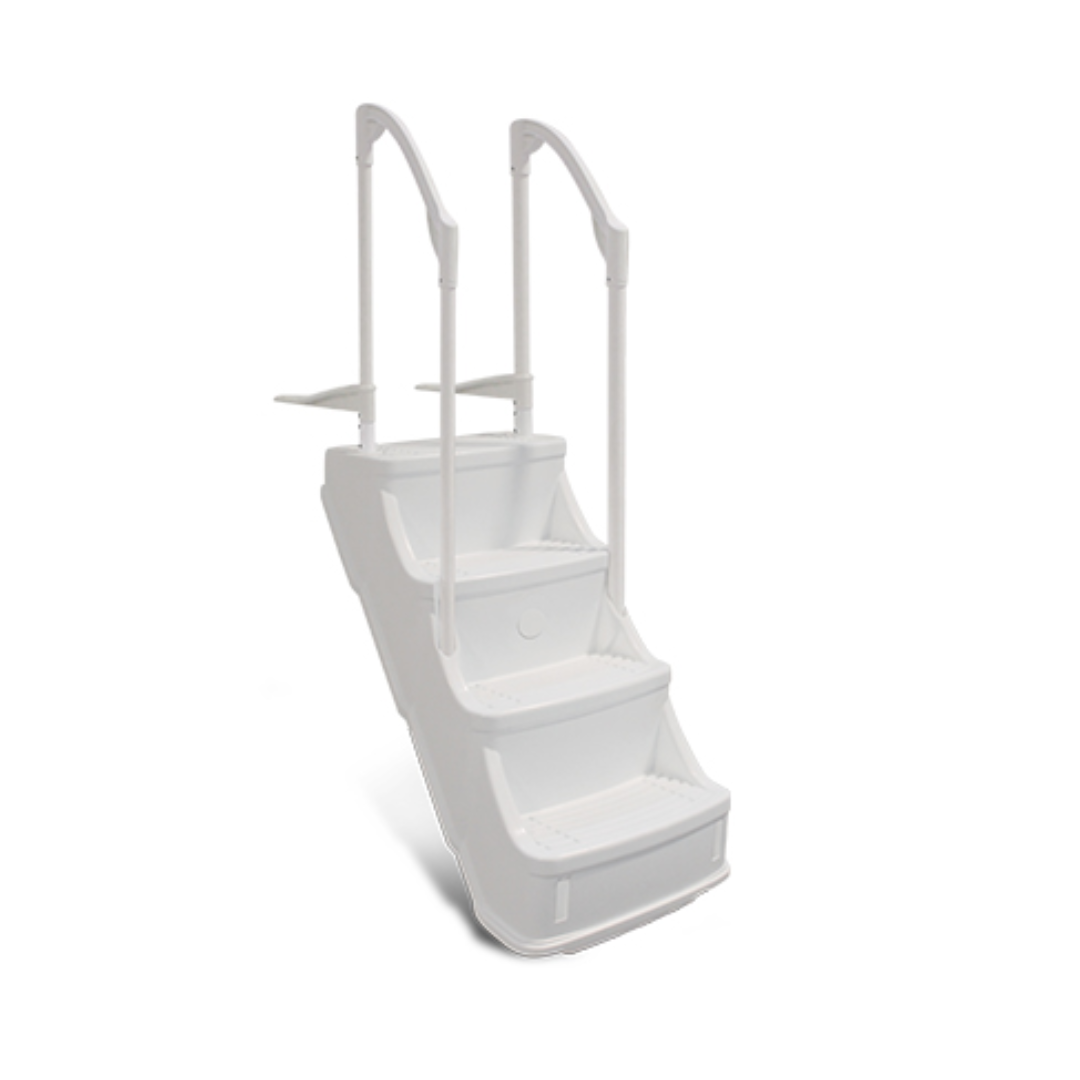 The SPD Drop in Step for Above Ground Pools 48"–54" Deep is a white plastic ladder with four wide steps and two vertical handrails, designed for easy entry/exit from pools of varying wall heights.