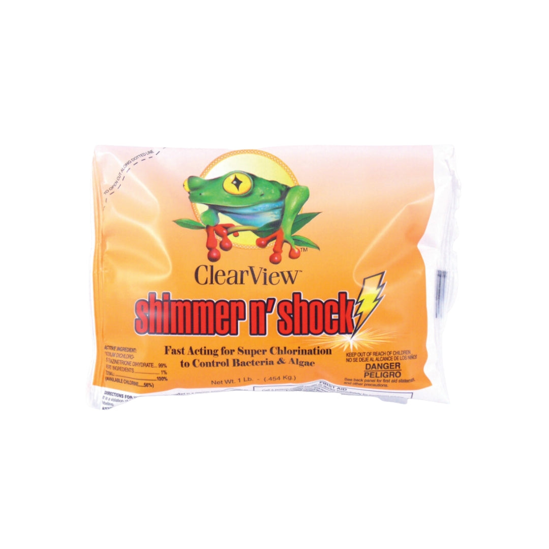 A 1 lb. bag of SPD Shimmer n' Shock shows a green frog on a branch above the product name, with an orange background and lightning bolt graphic. The package warns it's dangerous and is ideal for pool maintenance.