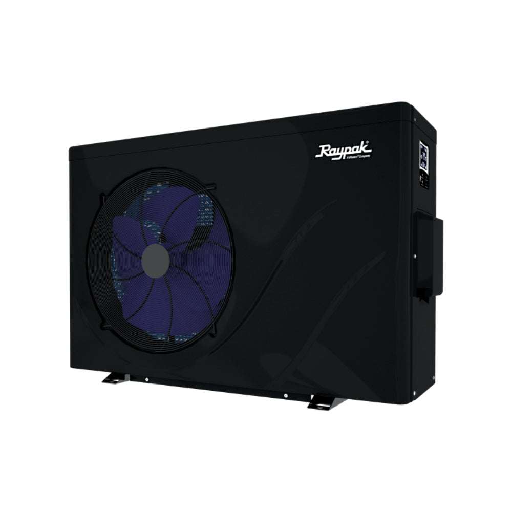 A black 50,000 BTU Crosswind Heat Pump 220 Volt by Swimming Pool Discounters features a large blue fan, energy-efficient inverter technology, brand logo on the top right, and a right-side control panel, shown against a white background.
