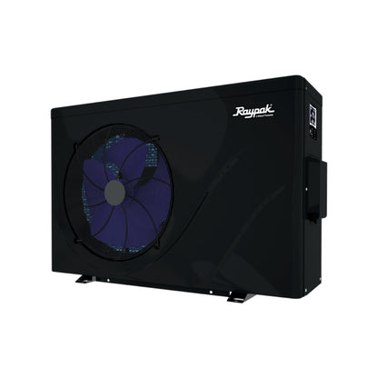 A black 50,000 BTU Crosswind Heat Pump 220 Volt by Swimming Pool Discounters features a large blue fan, energy-efficient inverter technology, brand logo on the top right, and a right-side control panel, shown against a white background.