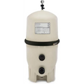 The SPD Pentair FNS Plus DE Filter 36 Sq. Ft. features a beige tank with a top-mounted pressure gauge, two central black ports, and a center band. Its fiberglass-reinforced design delivers superior water quality for pools.