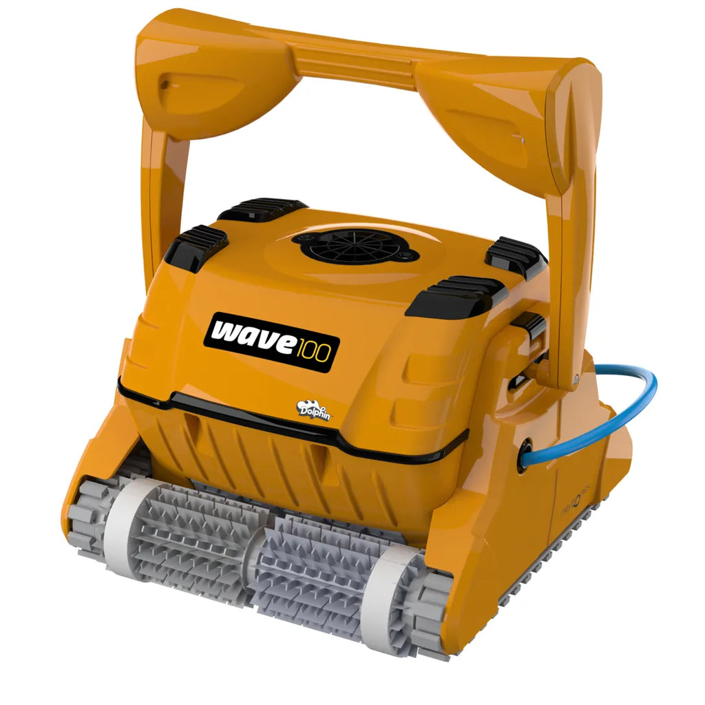 The Maytronics Dolphin Wave 100 Commercial Pool Cleaner by Swimming Pool Discounters is a yellow robot with gray rotating brushes, a sturdy handle, and a side blue power cable, ensuring spotless pools with fine filtration.