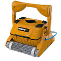 The Maytronics Dolphin Wave 100 Commercial Pool Cleaner by Swimming Pool Discounters is a yellow robot with gray rotating brushes, a sturdy handle, and a side blue power cable, ensuring spotless pools with fine filtration.