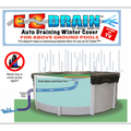 Diagram of the Swimming Pool Discounters 16ft x 32ft Oval EZ-Drain Above Ground Winter Cover. Water flows through the cover into an external hose—no pump needed. Includes arrows, product logo, and "No Pump Needed" symbol.
