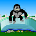 A cartoon gorilla joyfully jumps on a trampoline in a backyard, safely cushioned by SwimmingPoolDiscounters’ Gorilla GEO Floor Pad Protection, which shields against scattered objects and broken items under the trampoline.