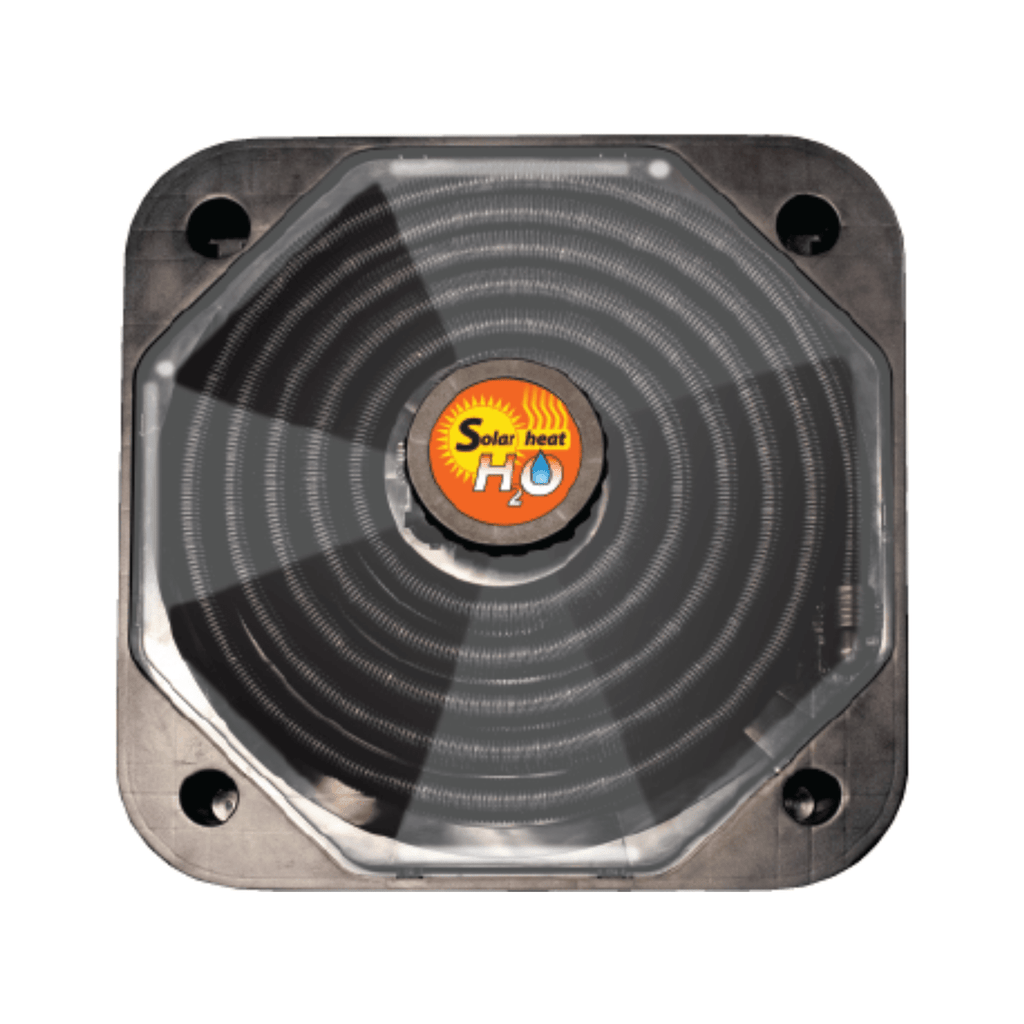 The Solar H20 Swimming Pool Heater - 2PK by Swimming Pool Discounters features a square design with a transparent top, visible coiled tubing, and an orange logo center. Four corner mounting holes make it ideal for efficiently heating your pool.