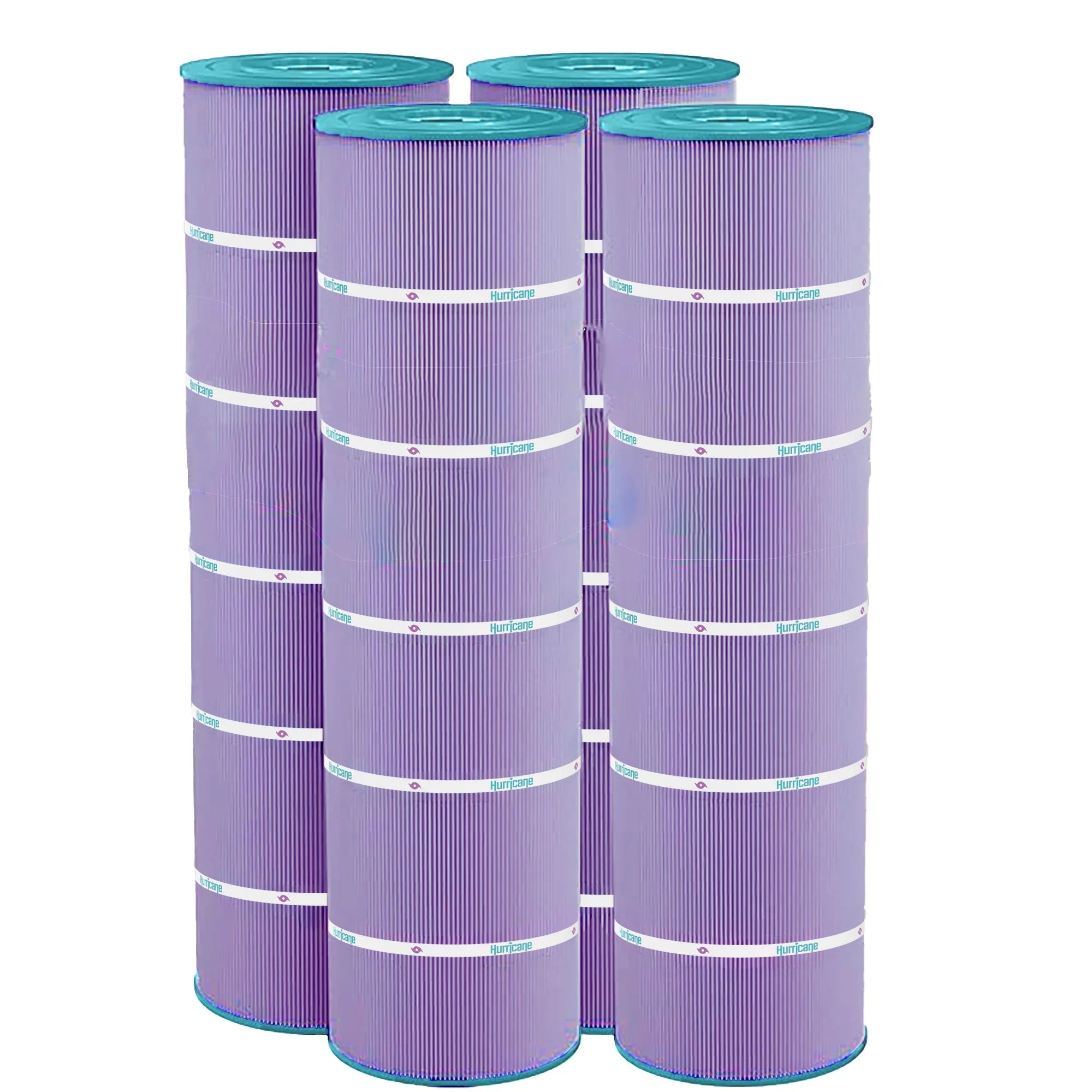Four tall, cylindrical Hayward Super Star-Clear C4030, C4025, C4020, C4520 Platinum Purple (4PK) pool filter cartridges from Swimming Pool Discounters stand upright with purple bodies, teal end caps, and a labeled white band around the middle.
