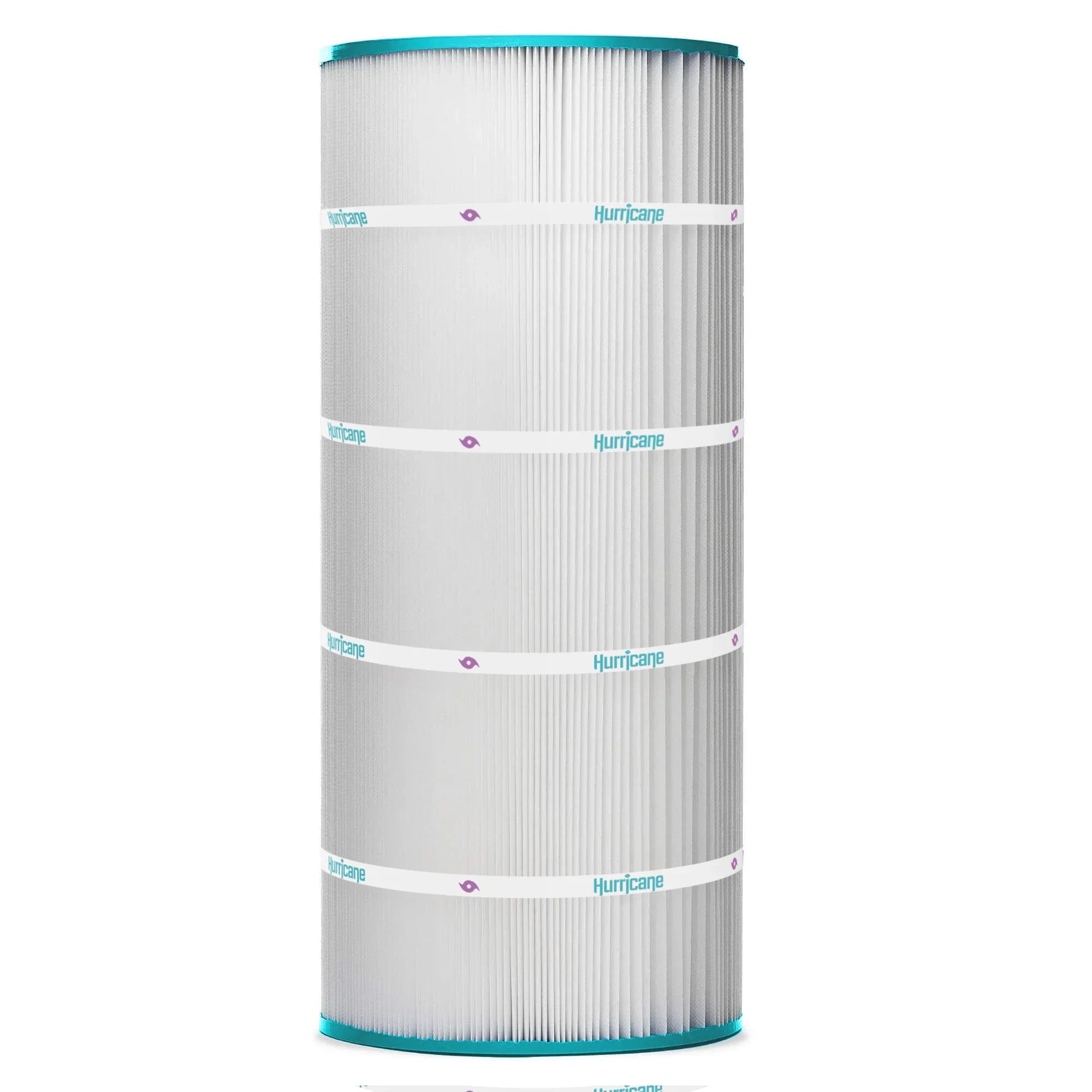 A cylindrical white air purifier filter with pleated sides, blue edges, and horizontal Hurricane bands, offering advanced filtration similar to the Swimming Pool Discounters Hayward SwimClear CS150E, CX150XRE replacement.