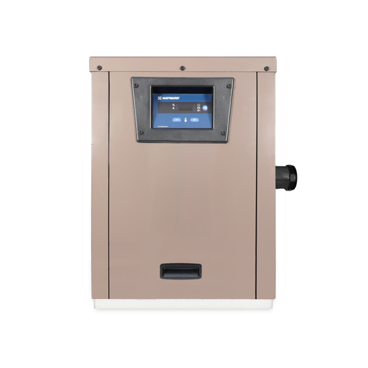 The Hayward Universal H Series H-135,000 BTU Low Nox Natural Gas Pool Heater by Swimming Pool Discounters is a beige, rectangular energy-efficient unit with a digital front control panel and black right-side pipe connection, shown on a white background.