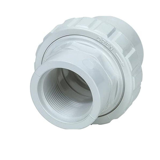 The Swimming Pool Discounters Hayward Flush Union 1.5" FPT x 1.5" FPT SP14952 is a white ABS plastic fitting with threaded ends and a hex grip, featuring “OPEN” with an arrow embossed on the rim for easy pipe connections.