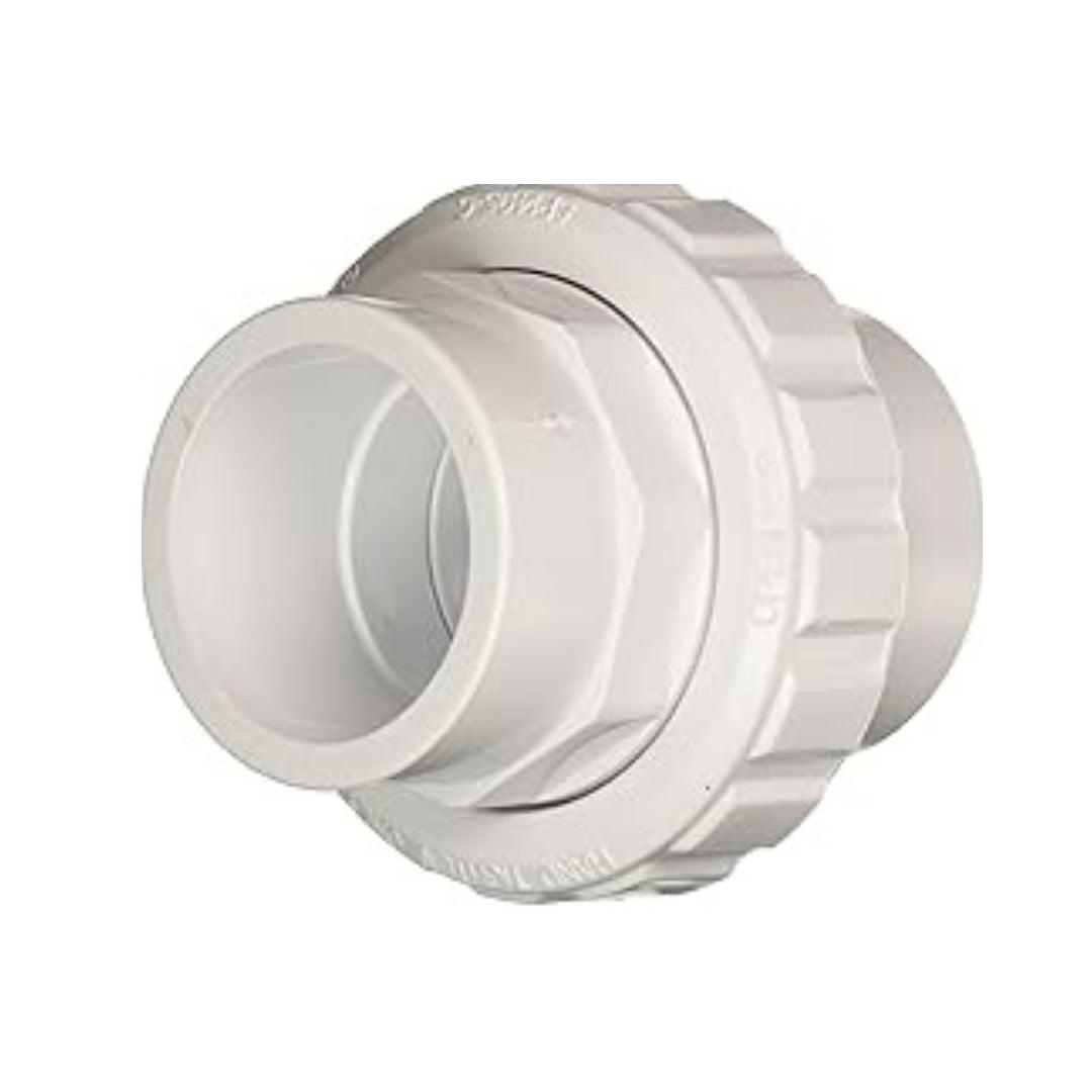 The Hayward Flush Union 1.5" SKT x 1.5" SKT (Slip x Slip) SP14952S from Swimming Pool Discounters is a white PVC pipe union for easy joining and disconnecting of plumbing sections, ideal for pool systems.