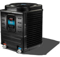 The Name Brand 100,000 BTU Electric Heat Pump by Swimming Pool Discounters features a black, box-shaped design with a control display, vented side, and bottom inlet/outlet connections. Factory warranty included. Call for details.