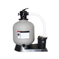 The SwimmingPoolDiscounters 18 in. Blue Torrent Sand Filter Full Base System with 1.5 HP pump offers efficient water filtration for above ground pools, featuring a large round tank, top-mounted control valve, and white hose.