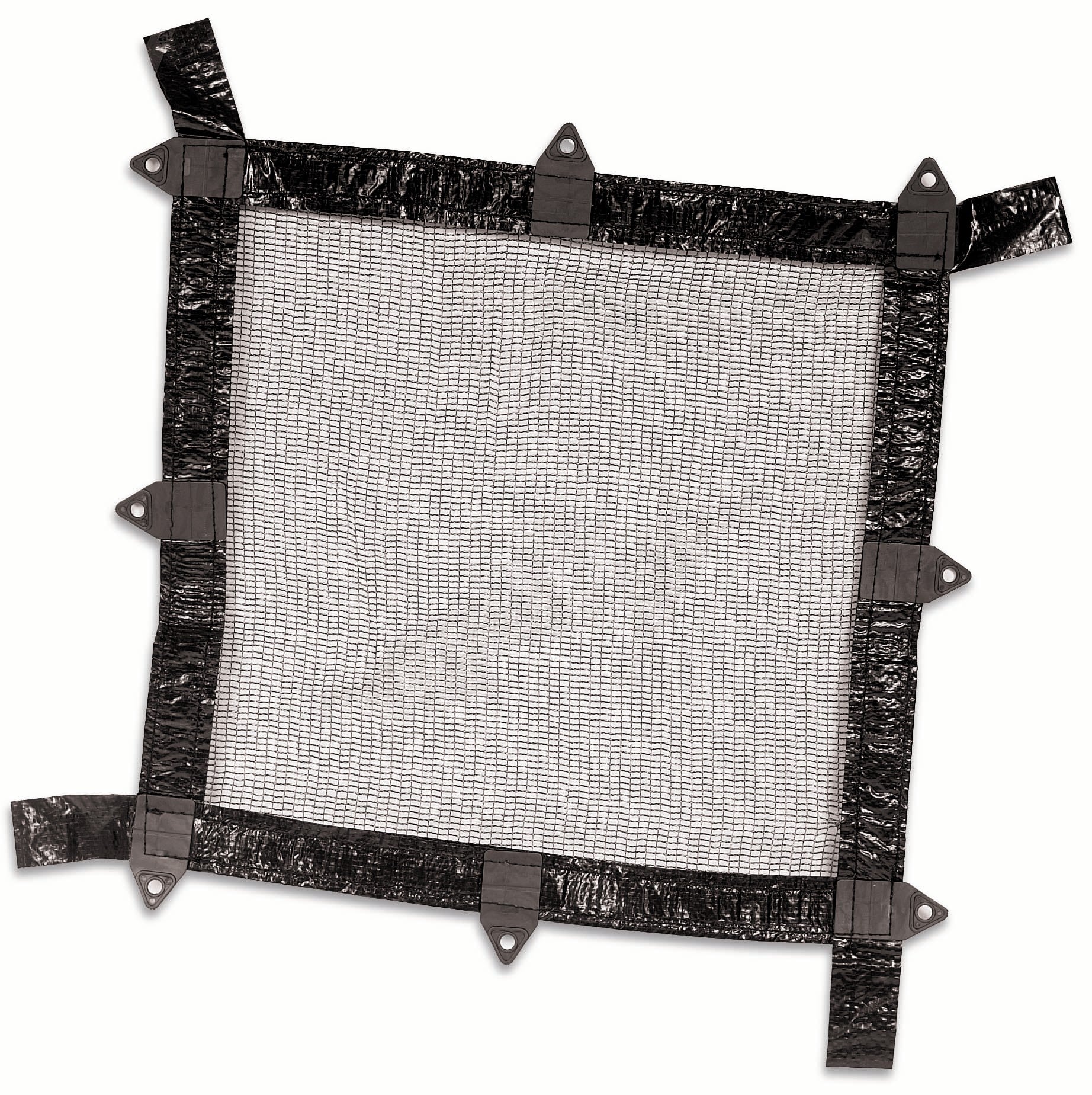 The SwimmingPoolDiscounters Deluxe Leaf Guard Cover is a square black mesh pool net with reinforced edges and eight securing loops, shown flat on a white background.