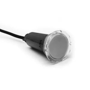 A close-up of the SPD Moov Mini LED Light - Addt'l, a cylindrical black waterproof pool light with a clear circular lens and attached black cable, shown against a white background.