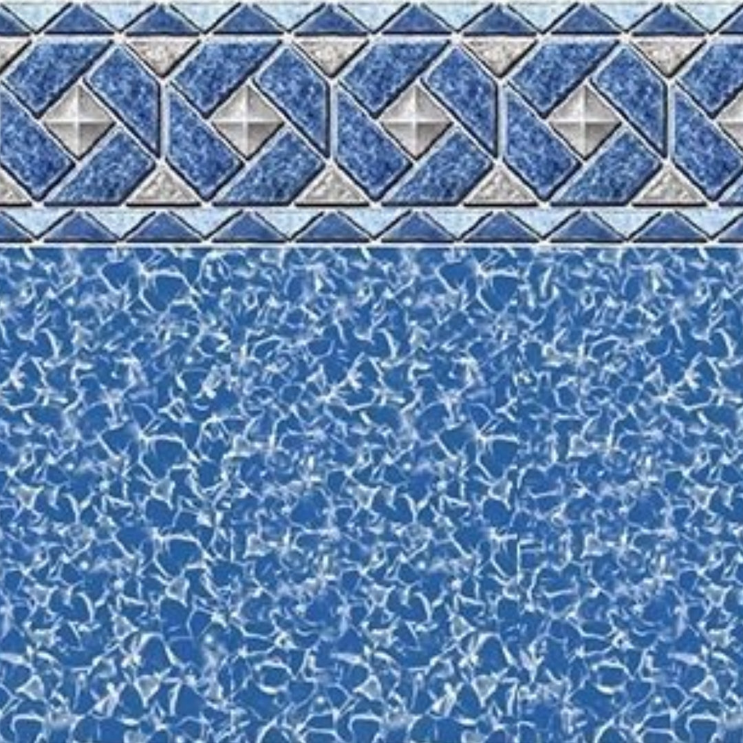The Mystri Outlook Liner for Aquasports Pools by Swimming Pool Discounters features a blue geometric tile border with triangles and squares, a water-like textured design, and is perfect for any Aquasport Pool Kit.