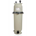 The SPD Pentair Clean & Clear Plus Cartridge Filter 200 Sq Ft is a tall, light beige cylindrical filter with a chemical-resistant tank, top pressure gauge, round lid, black mid clamps, and inlet/outlet valves at the base.