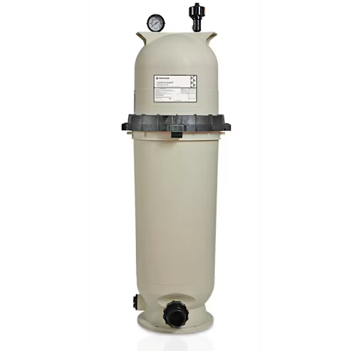 The SPD Pentair Clean & Clear Plus Cartridge Filter 200 Sq Ft is a tall, light beige cylindrical filter with a chemical-resistant tank, top pressure gauge, round lid, black mid clamps, and inlet/outlet valves at the base.
