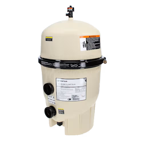 An SPD Pentair Clean & Clear Plus Cartridge Filter 320 Sq Ft stands upright on a light gray background, featuring black clamps, labeled stickers, and two black pipe connections at the bottom.