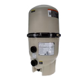 The SPD Pentair FNS Plus DE Filter 48 Sq. Ft., featuring a beige, cylindrical, fiberglass-reinforced body with black clamp band, two pipe connections, and product labels, is displayed against a plain white background.