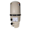 The SPD Pentair FNS Plus DE Filter 60 Sq. Ft. is a beige, cylindrical, fiberglass-reinforced pool filter with a black center clamp, two black valve connections, and a white product info label on the front.