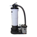 The SwimmingPoolDiscounters Power Clean DE-50 Pressurized Filter System with 1.0 HP Pump features a white cylindrical chamber, black fittings, flexible hose, and pump on a black base. Supports a power clean cycle for easier maintenance. Shown against a white background.