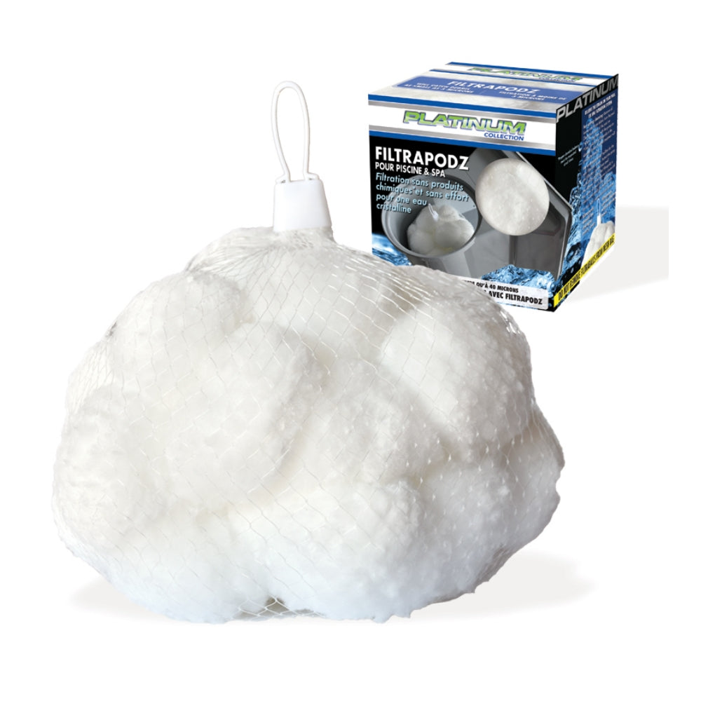 A mesh bag of white filter pads from SPD’s Platinum Filtra Skimmer Podz is shown in front of its box—ideal for pool skimmers and ponds, these chemical-free pads help keep your water crystal clear.