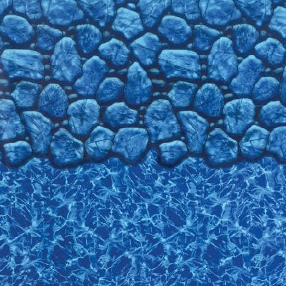 A border of blue stone tiles above rippling water resembles the Lomart Upgrade to 21ft Round Pebble Springs Dual Bead Liner, featuring stones and sparkling blue water.