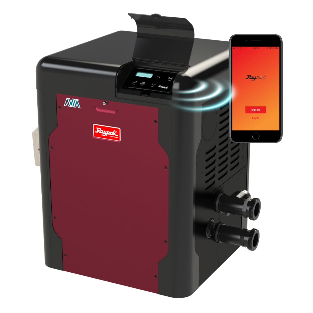 A 264,000 BTU Raypak Avia NiTEk Gas Pool Heater from Swimming Pool Discounters sits open by a smartphone running the Raypak app, showcasing digital smart pool control and seamless wireless connectivity.