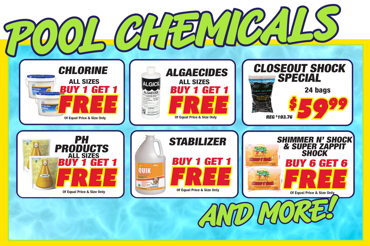 A promotional flyer for pool chemicals featuring six product boxes with buy-one-get-one-free offers and a closeout shock special, set against a blue water background with bold green and yellow text.