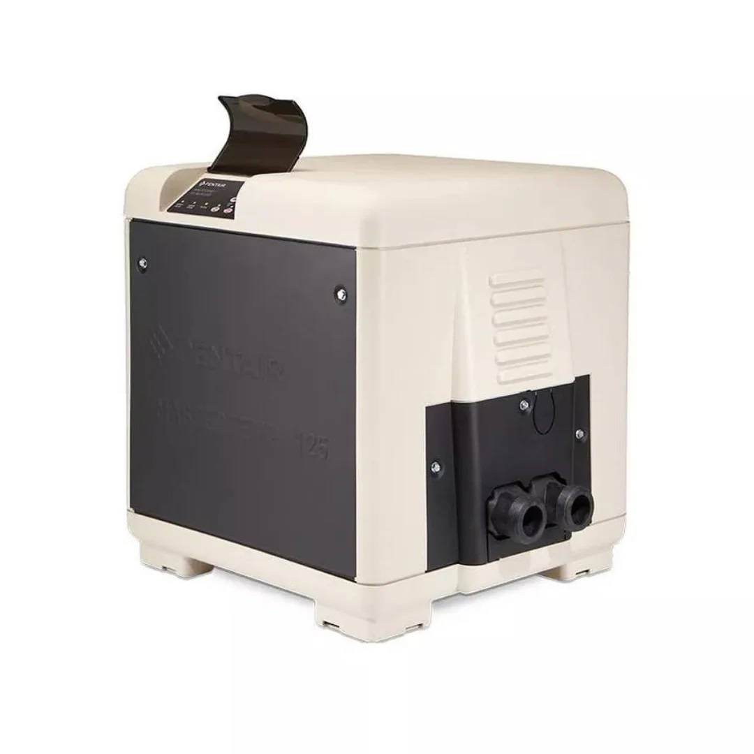 A beige and black 125,000 BTU Mastertemp Propane Pool Heater by Swimming Pool Discounters, featuring a top control panel and front plumbing connections, ideal for pools or hot tubs, displayed against a white background.